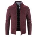 Slim fit men's dark red knit cardigan with fleece lining and ribbed stand collar - M / Burgundy