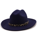 Detail of navy blue wool fedora with leopard print band and golden metal buckle - M(56-58cm) / Navy Blue