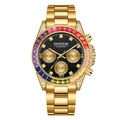 Business chronograph watch with gold band and rainbow gemstone bezel on white background - 1838 Gold Case Black Dial - Steel Strap (Rainbow Bezel Hollow Bottom)