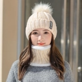 Winter knitted beanie and neck warmer set in cream white with soft faux fur pompom - Hat & Scarf Set / Beige