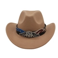 Dettaglio cappello cowboy marrone chiaro con emblema aquila USA e fascia stelle e strisce - Cammello
