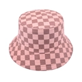 Detailed close-up of pink and brown checkerboard pattern fabric on bucket hat - Coffee Checkerboard