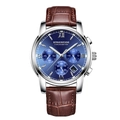 Men's quartz watch with blue sunburst dial and brown crocodile embossed leather strap - Brown Leather Strap Silver Case Blue Dial