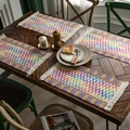 Set of 4 woven cotton linen placemats with colorful diamond patterns and fringe tassels - Colorful Chenille