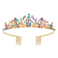 Close-up of gold alloy flower crown with colorful rhinestones and secure side combs - Multicolor Rhinestone Style (With Comb) / Gold