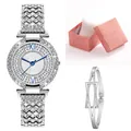 Orologio al quarzo di lusso da donna in argento con strass e confezione regalo abbinata - Argento + Braccialetto + Scatola