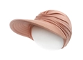 Detail of rose gold sun visor hat with pleated metallic fabric on display head - Dusky Pink