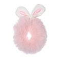 Close-up of a pink plush scrunchie with soft white rabbit ears on a white background - Light Pink Bunny Ears