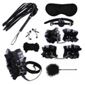 10-piece black lace and faux leather restraint set including handcuffs and whip - Black 9-Piece Set