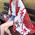 Ethno style white silk scarf with red horse carriage and gold chain patterns - Fluorescent Yellow-White Red Carriage Bow / 180cm
