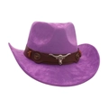 Purple faux suede western cowboy hat with a brown leather band and silver bull head emblem - One Size / Purple