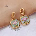Vintage gold-framed floral enamel earrings with freshwater pearls and green backing - 【B-22】Square Blue Lotus