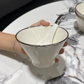 Minimalist ceramic conical bowl and spoon set in ivory white with elegant silver rim - Silver Rim 5 Inch Bowl + Spoon Set