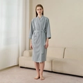 Grey waffle knit bathrobe for men and women with white piping and waist tie belt - Light Green (Women)