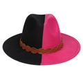 Two-tone black and fuchsia fedora hat with a brown braided leather band for style - Black Rose Red Patchwork With Belt