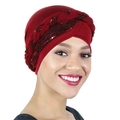 Detail of burgundy turban cap featuring a sequined braided band for a stylish look - Burgundy