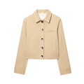 Women's shoulder-padded cropped jacket and straight pants set in beige flat lay view - XS / Tops