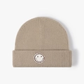 Beige ribbed knit beanie with embroidered smile patch and double-fold cuff - Khaki