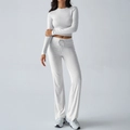 Slim fit light gray long sleeve crop top and drawstring flare pants Y2K lounge set - S / Mottled Grey