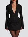 Elegant slim fit black blazer dress with deep V-neckline and asymmetrical draped hem - XS / Black
