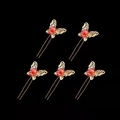 Detail of 5 gold butterfly U-shaped hair pins with red rhinestones and filigree work - Chinese Hollow Butterfly Style (FZ-001) / 5 Pcs Set / Gold