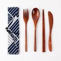5-piece wooden cutlery set with knife, fork, spoon, chopsticks and blue geometric cloth bag - No-Wrap Spoon Fork Knife Chopsticks + Checkered Bag