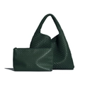 Dark green hand-woven tote bag set with matching small zipper pouch in leather - Dark Green