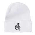 White knitted beanie with skeleton holding coffee embroidery on a plain background - Skeleton Drinking White