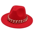 Detail of red fedora hat featuring bold gold acrylic chain link around the brim - M (56-58cm) / Red