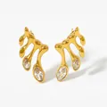 Golden branch stud earrings with marquise-cut zircons and polished stainless steel finish - Gold/White