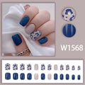 Set de uñas postizas W1568 elegantes con acabado brillante azul oscuro, gris y leopardo - W1568 [Tipo de pegamento]