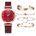 Women's quartz watch gift set with red floral dial and rose gold bracelets - Red + Bracelet