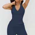 Dark blue v-neck halter yoga vest and high-waist leggings set for fitness training - S / Navy Blue