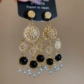 Detail of vintage gold flower earring with black cabochon and grey pearl tassel drop - Silver Earring Post - Gold - Black