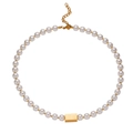 Minimalist pearl necklace with central gold rectangle block and adjustable lobster clasp - N231-Square Block Pearl Chain