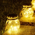 Outdoor solar crackle glass jar light with warm LED string and hemp rope handle - Upgraded 30 LED Wrapped Edge Warm White