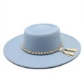 Elegant light blue wool flat top boater hat with gold pearl chain and side tassels - M(56-58cm) / Sky Blue