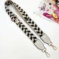 Detail of adjustable beige and black chevron canvas strap with gold metal hardware hooks - Rice Black Leaf Strap