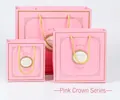 Pink gift paper bags with gold crown logo and yellow handles in three assorted sizes - Medium (20*8*20cm) / Pink Royal Crown