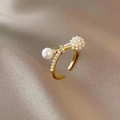 Elegant gold pearl ring with large center pearl and crystal accents on silk fabric - One Size / Gold