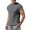 Detail of grey sleeveless T-shirt showing round neck and smooth lightweight fabric texture - Dark Gray