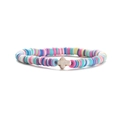 Detailed macro view of 6mm colorful heishi clay beads and a white cross charm bracelet - Elastic Style / Color 9