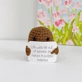 Handmade brown crochet potato doll holding a lemon quote card for positive vibes - Small Potato Brown L