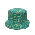 Detailed pattern of St. Patrick's Day green bucket hat with horseshoes and lucky text - Dark Green Horseshoe Clover LUCKY Print (A)