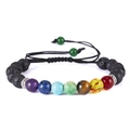 Macro shot of 7-chakra natural stone beads with adjustable black braided cord detail - Lava Stone Braided Style (BR18Y0339-2)