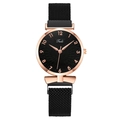 Women's quartz watch with black sunburst floral dial and rose gold mesh strap - Black