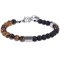 Detailed view of tiger eye beads, matte black stones, and steel lobster clasp - Tiger Eye Bracelet