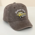 Close-up of motor club car embroidery on a retro washed cotton kids baseball cap - 52cm (2-6 Years) / Coffee