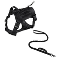 Tactical black nylon dog harness vest set with heavy duty bungee leash and handle - L / Harness And Leash Set / Black