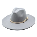 Detailed macro shot of light gray felt fedora hat with beige leather strap and gold buckle - M (56-58cm) / Light Gray
